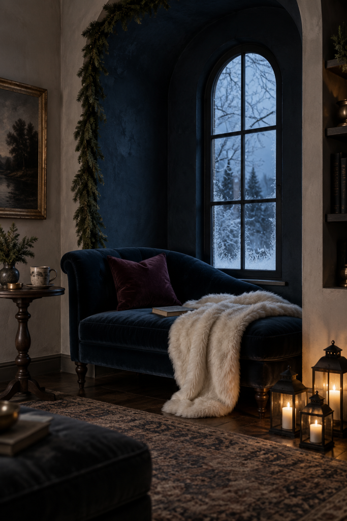 Midnight blue velvet chaise with ivory throw, frosted window, evergreen and lanterns.