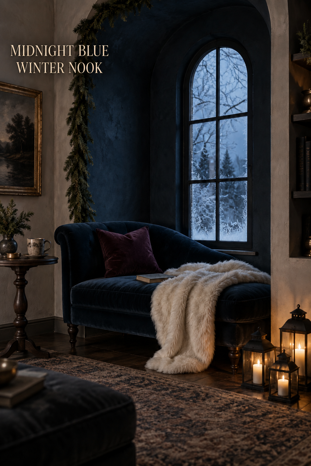 Midnight blue velvet chaise with ivory throw, frosted window, evergreen and lanterns.