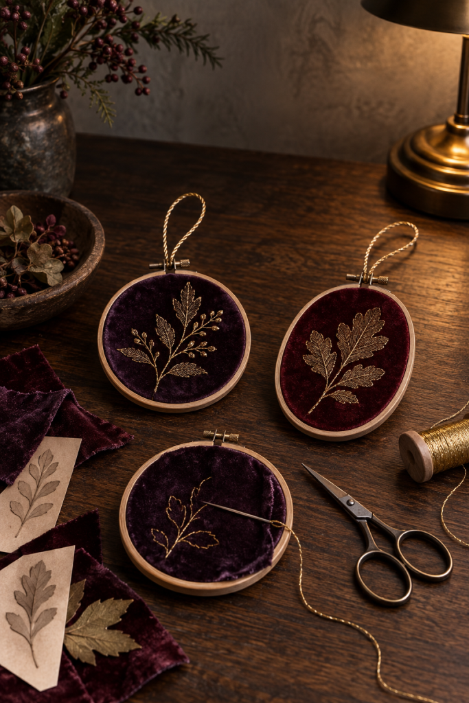 Plum velvet hoop ornaments with gold botanical stitching on a dark wood craft desk.