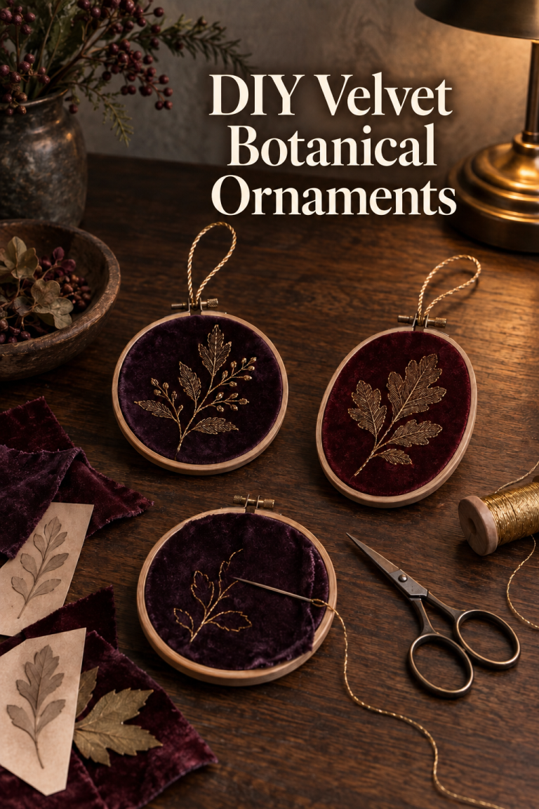 Plum velvet hoop ornaments with gold botanical stitching on a dark wood craft desk.