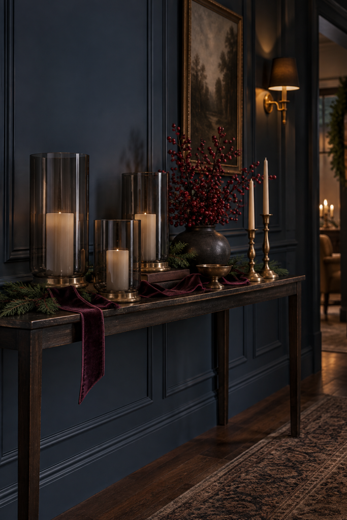 Smoked glass hurricanes, brass candlesticks, and burgundy berries on a dark console.