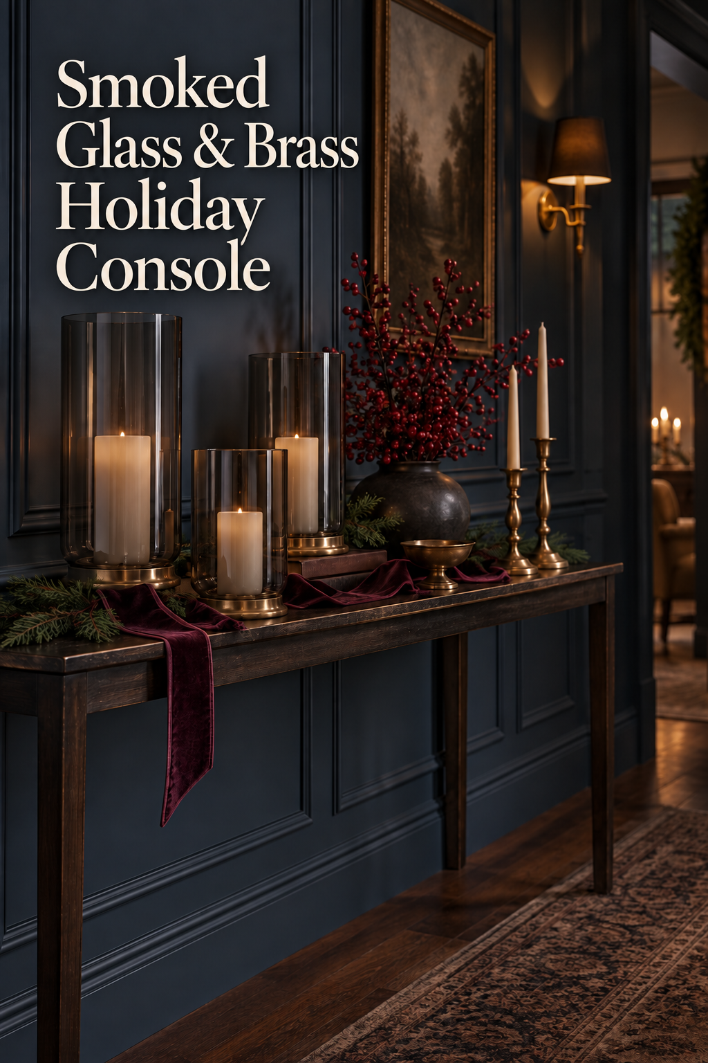 Smoked glass hurricanes, brass candlesticks, and burgundy berries on a dark console.