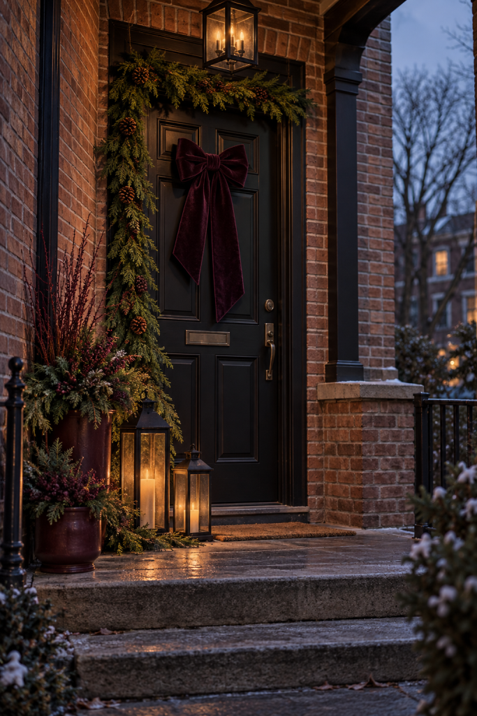 Black townhouse door with aubergine velvet bow, cedar garland, planters, and lanterns.