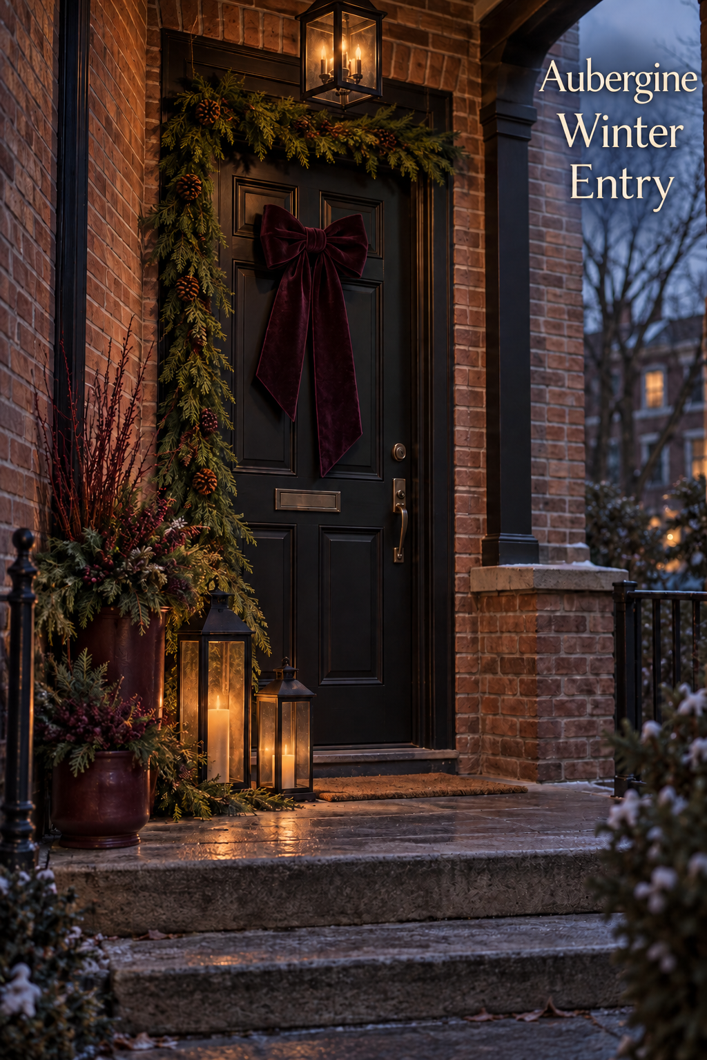 Black townhouse door with aubergine velvet bow, cedar garland, planters, and lanterns.