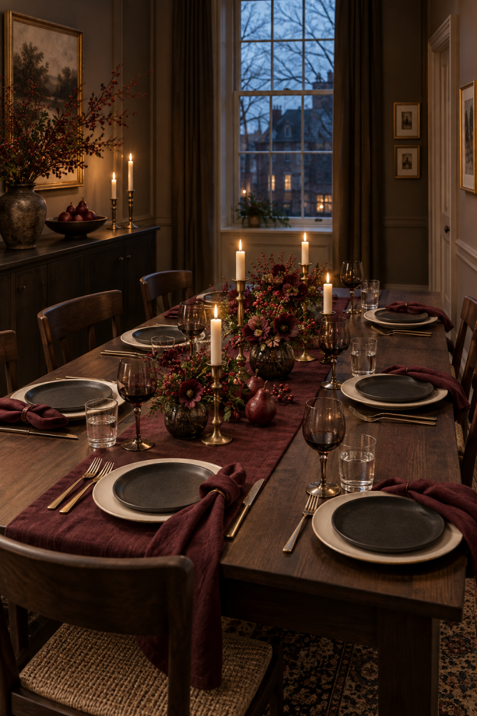Black cherry holiday table with smoky glasses, brass candles and burgundy flowers.