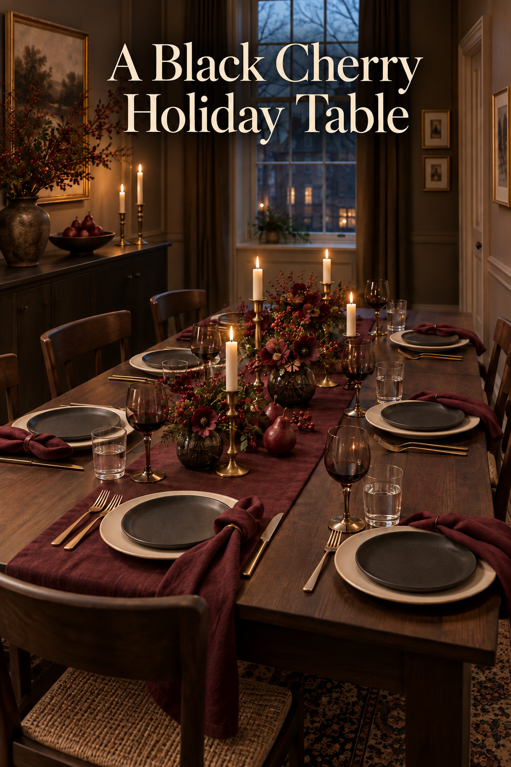 Black cherry holiday table with smoky glasses, brass candles and burgundy flowers.
