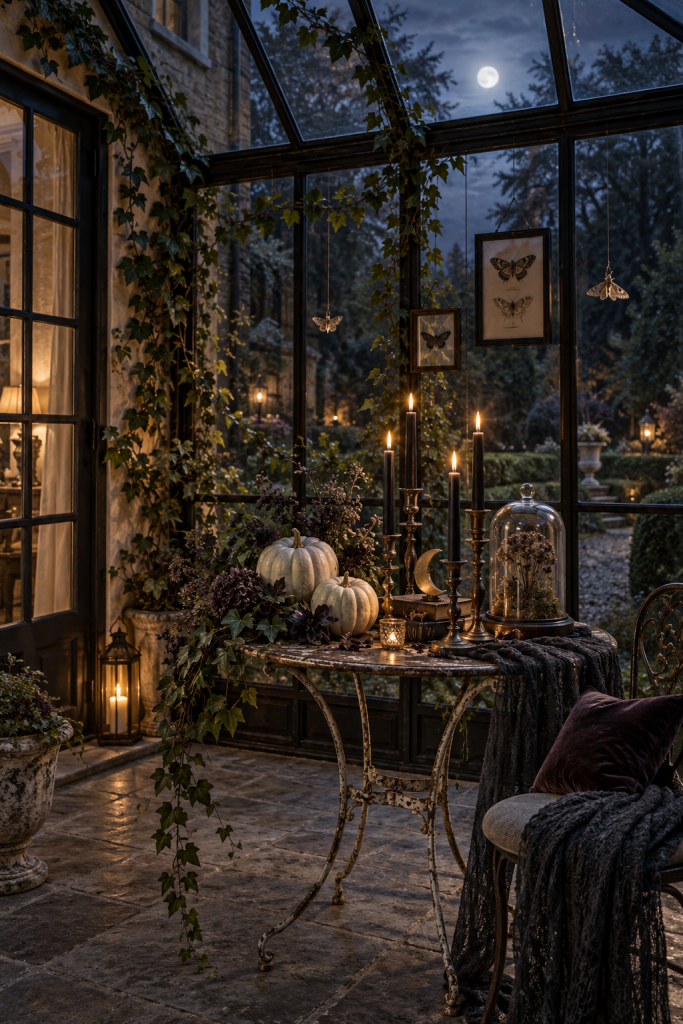 Moonlit glass conservatory with ivy, black candles, pale pumpkins and moth decor.