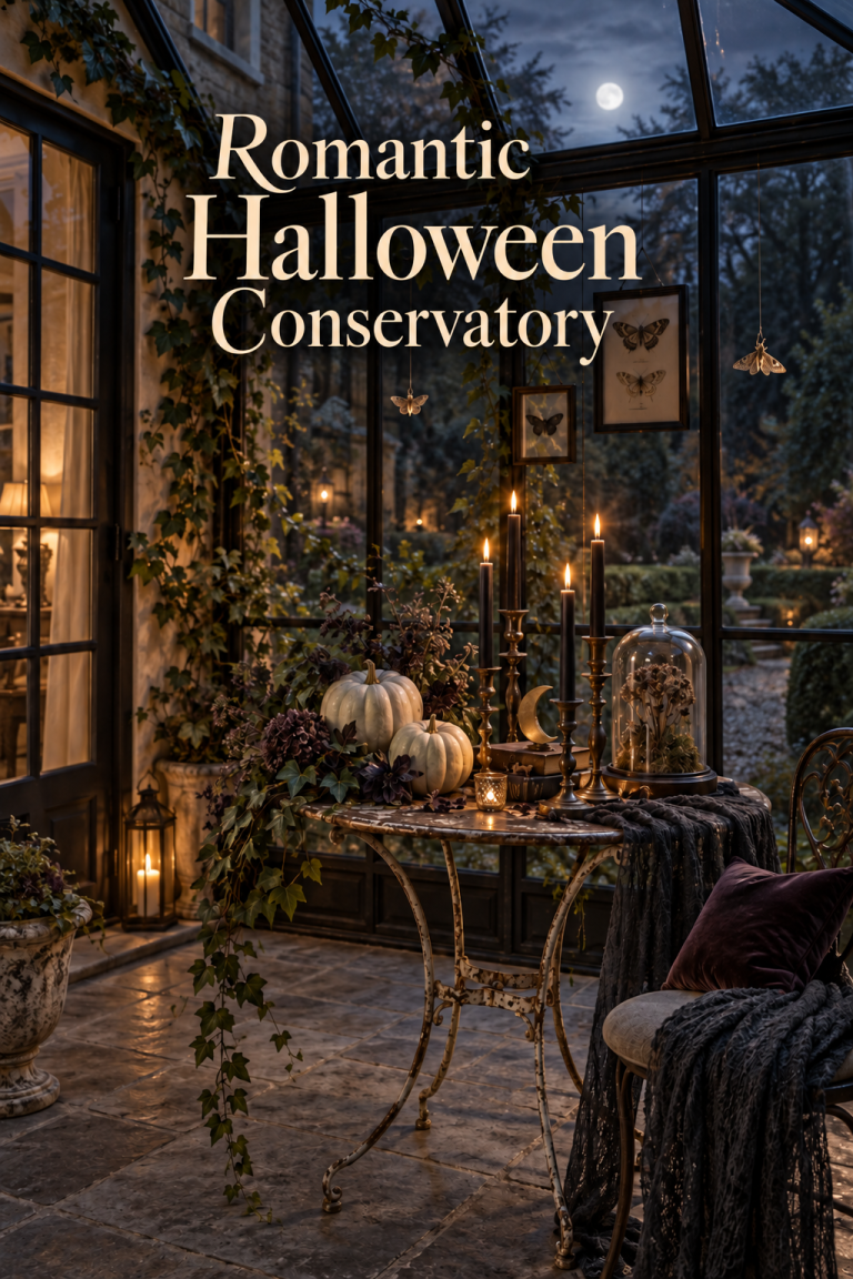 Moonlit glass conservatory with ivy, black candles, pale pumpkins and moth decor.