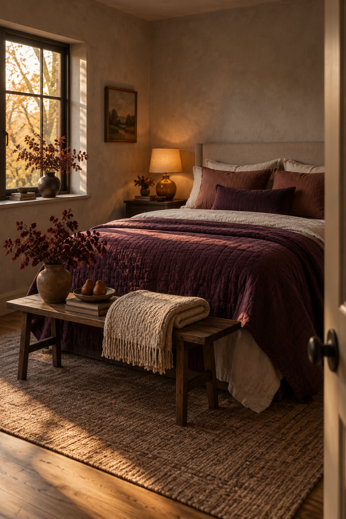 Mulberry quilted bedroom with amber lamp, walnut bench and burgundy fall foliage.