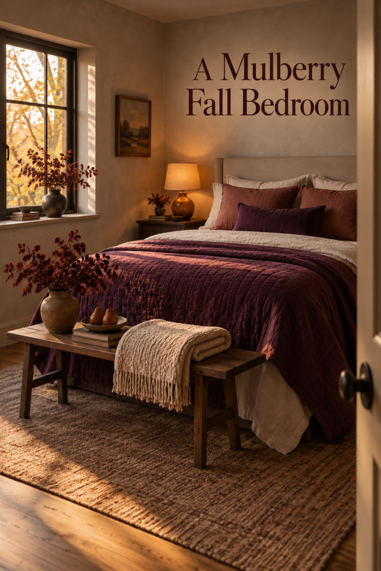 Mulberry quilted bedroom with amber lamp, walnut bench and burgundy fall foliage.