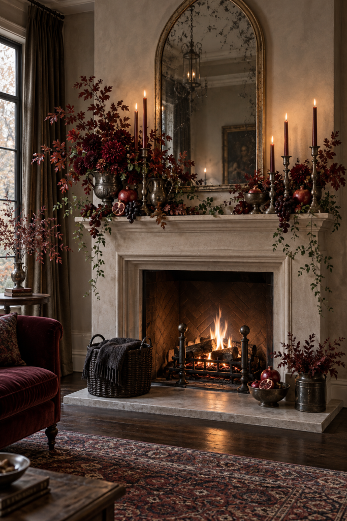 Garnet flowers, pomegranates and oxblood candles on a limestone Thanksgiving mantel.