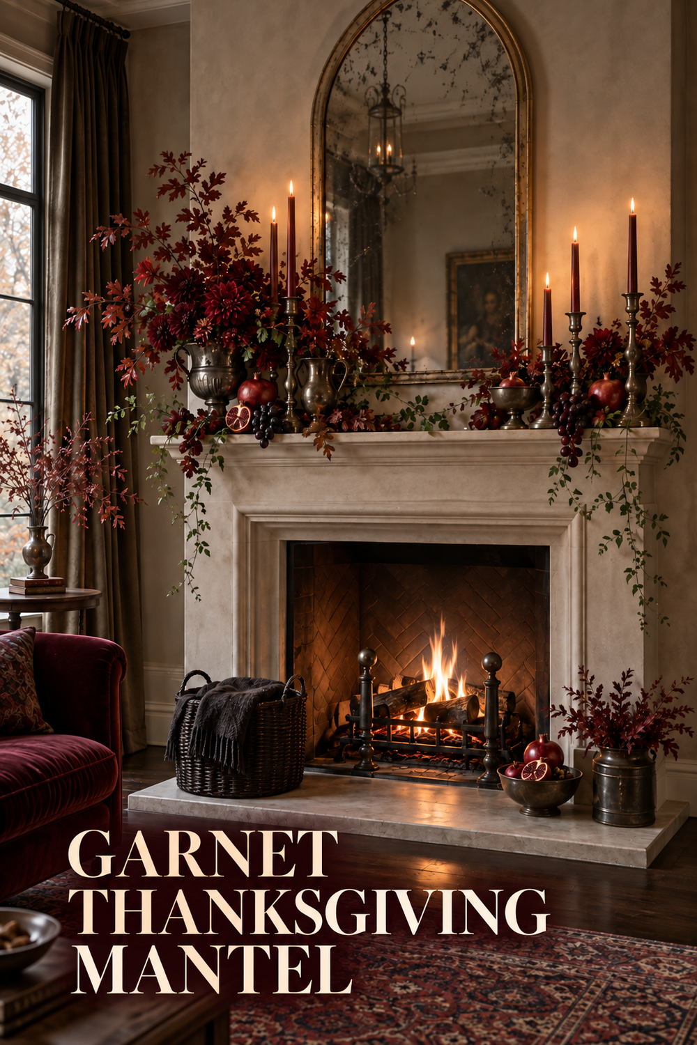 Garnet flowers, pomegranates and oxblood candles on a limestone Thanksgiving mantel.