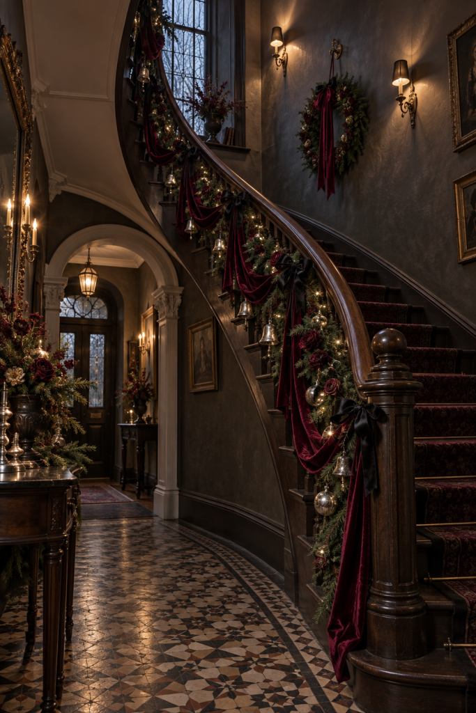 Curved Christmas staircase with burgundy velvet, dark roses, greenery and silver bells.