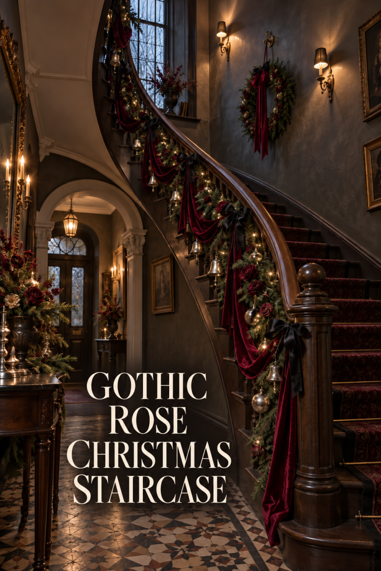 Curved Christmas staircase with burgundy velvet, dark roses, greenery and silver bells.