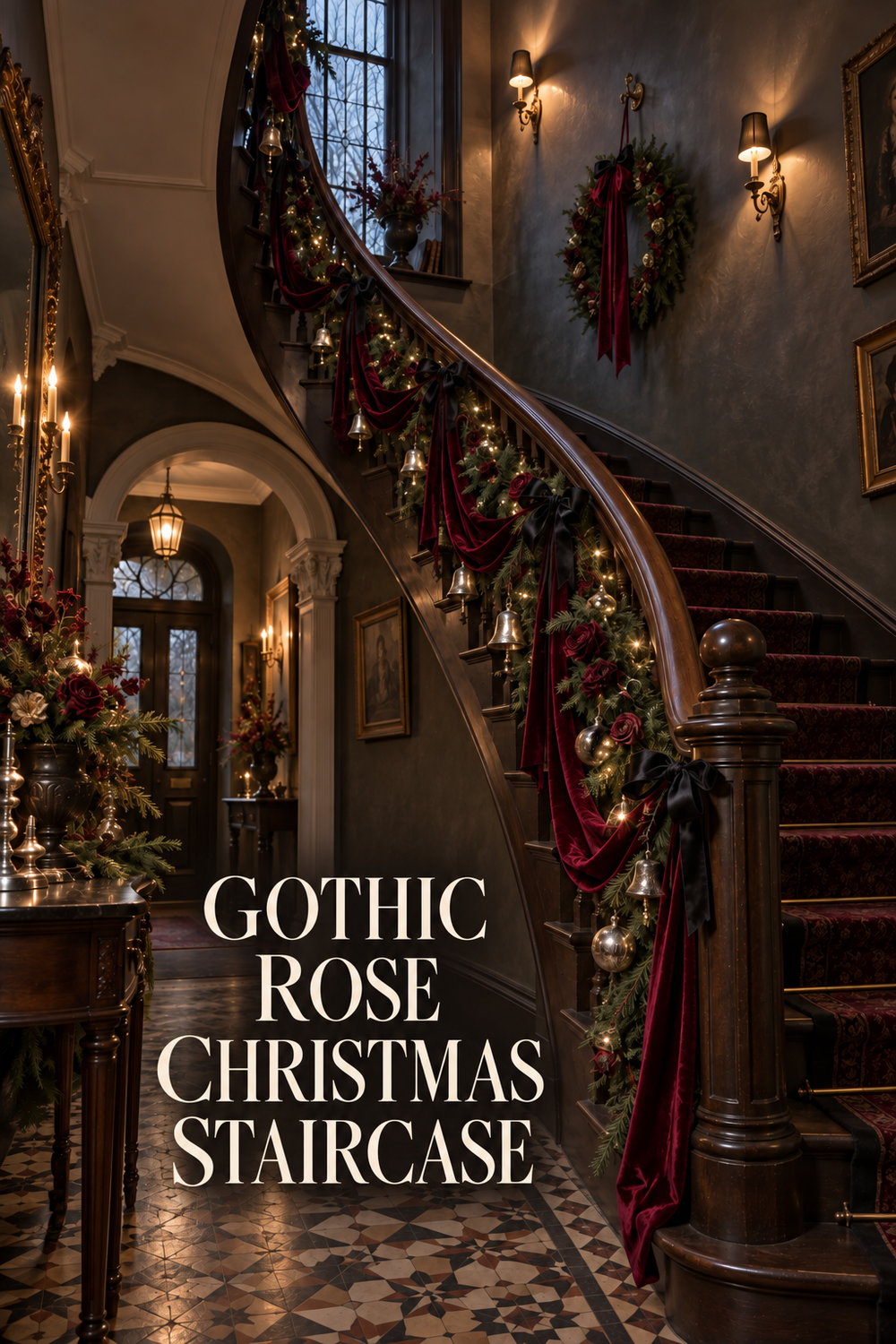 Curved Christmas staircase with burgundy velvet, dark roses, greenery and silver bells.