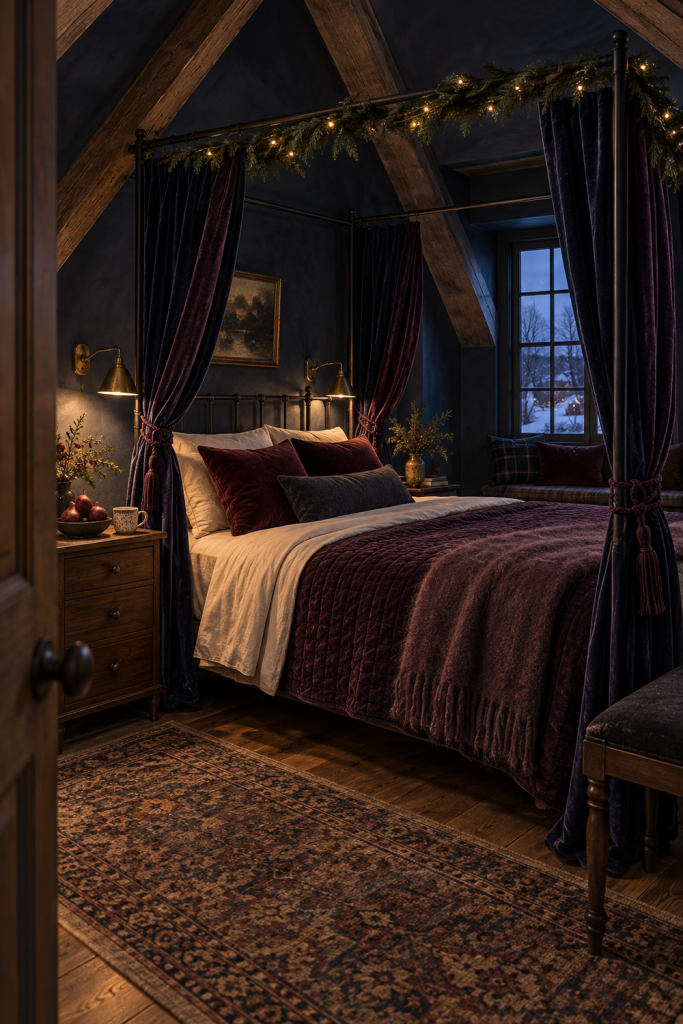 Midnight velvet canopy bed with plum bedding, cedar garland and warm holiday lights.