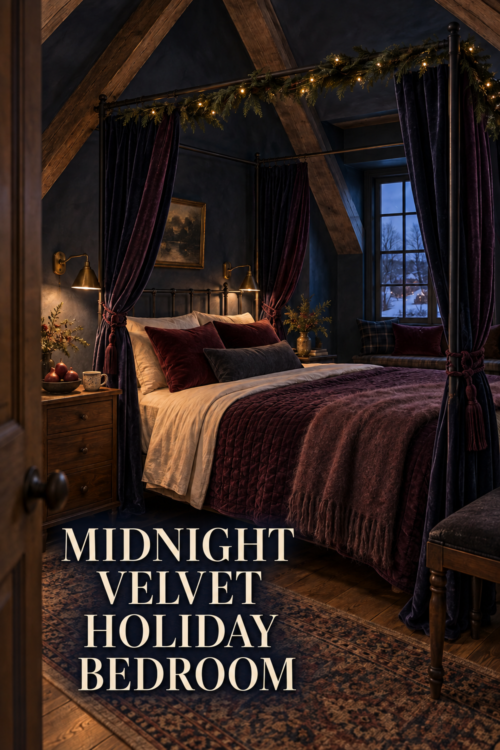 Midnight velvet canopy bed with plum bedding, cedar garland and warm holiday lights.