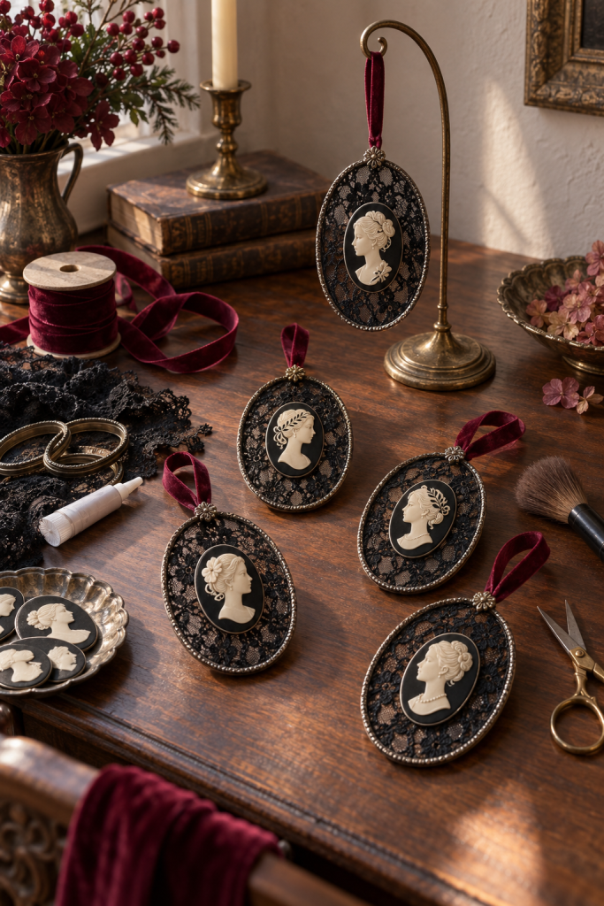 Black lace cameo ornaments with garnet ribbon arranged on a walnut craft desk.
