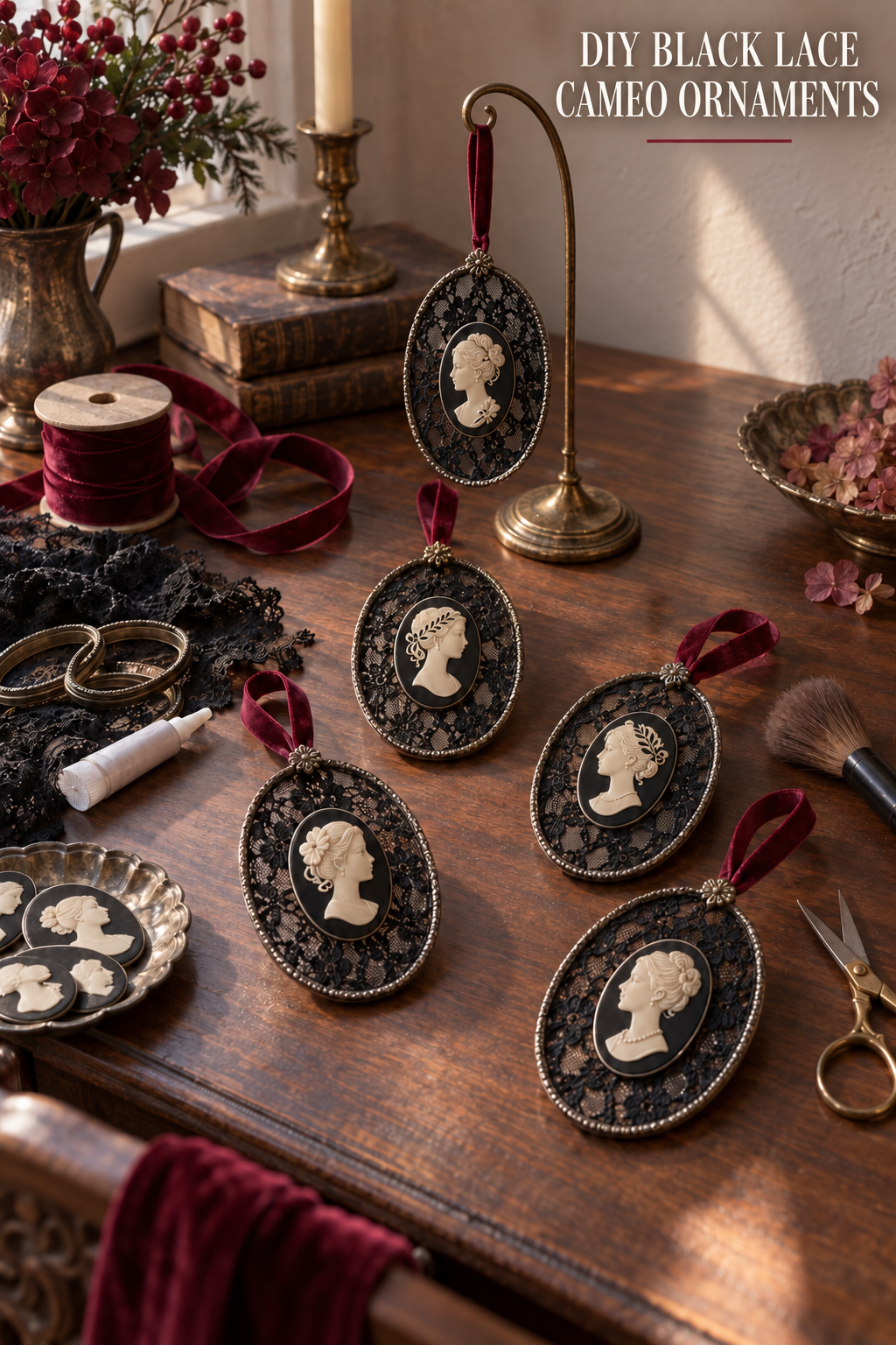 Black lace cameo ornaments with garnet ribbon arranged on a walnut craft desk.