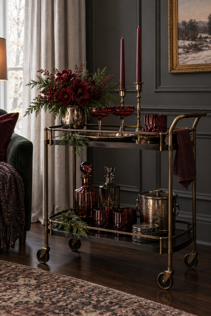 Antique-brass bar cart styled with garnet glass, dark flowers and cedar.