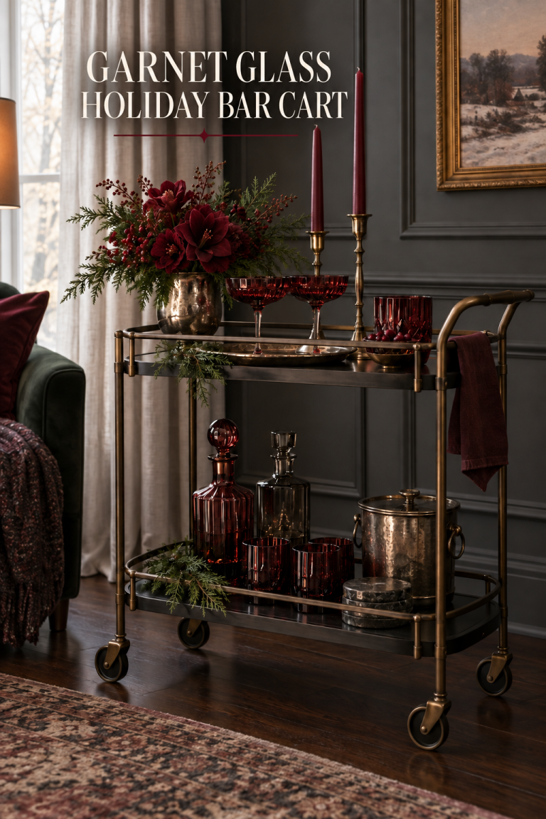 Antique-brass bar cart styled with garnet glass, dark flowers and cedar.