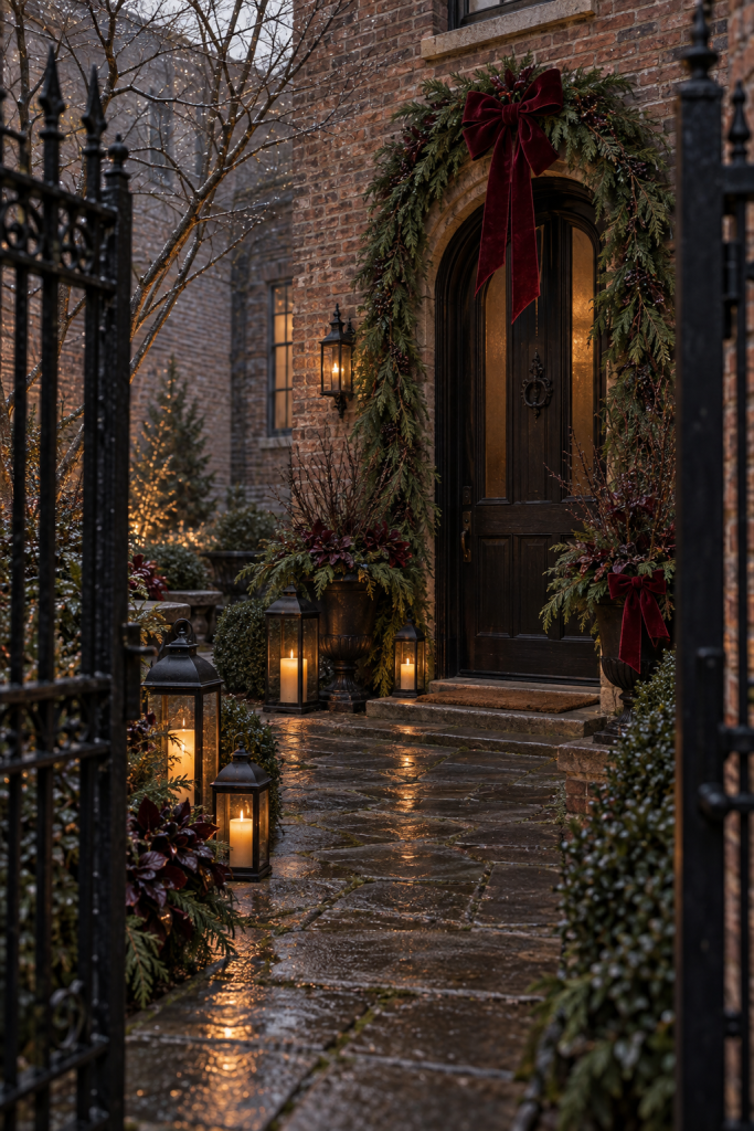 Brick courtyard entry with cedar, garnet bows and black glowing lanterns.