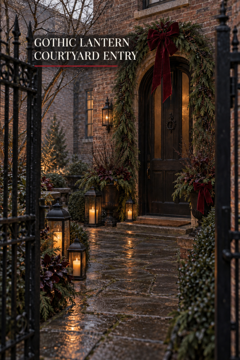 Brick courtyard entry with cedar, garnet bows and black glowing lanterns.