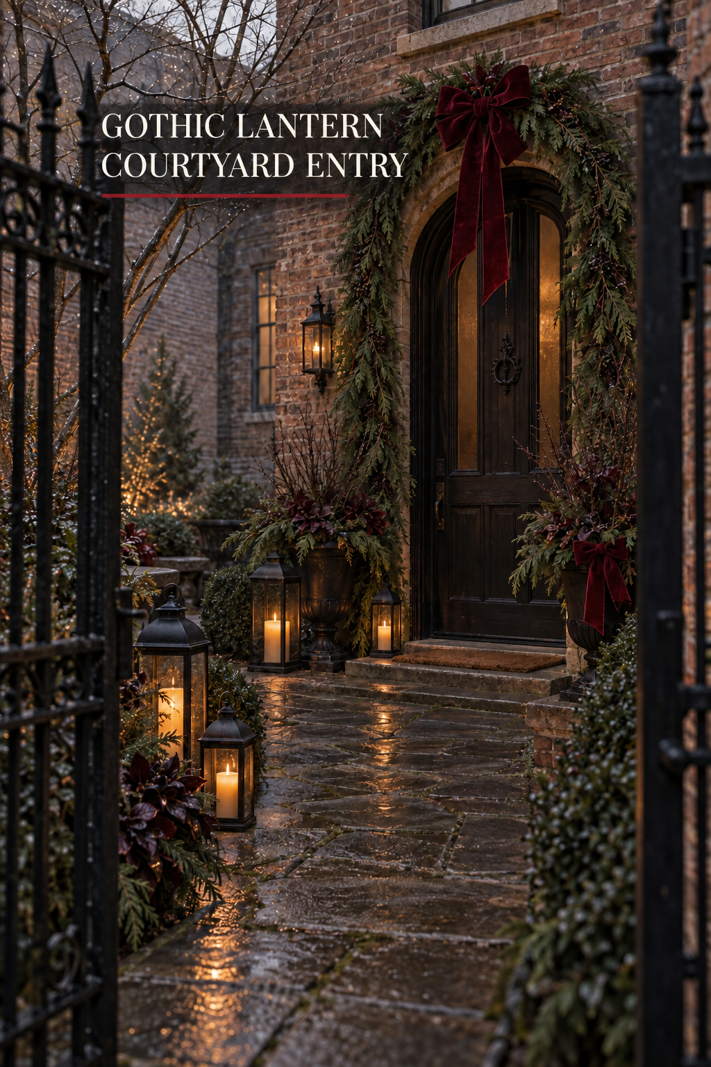 Brick courtyard entry with cedar, garnet bows and black glowing lanterns.
