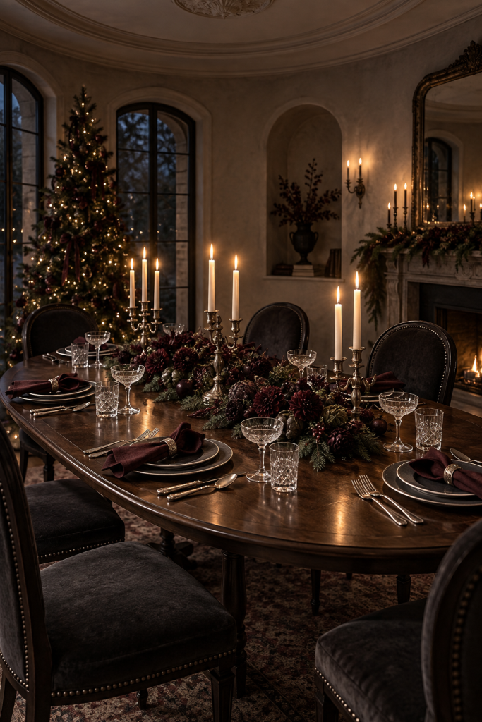 Dark floral Christmas table with silver candelabra, crystal glasses and merlot napkins.