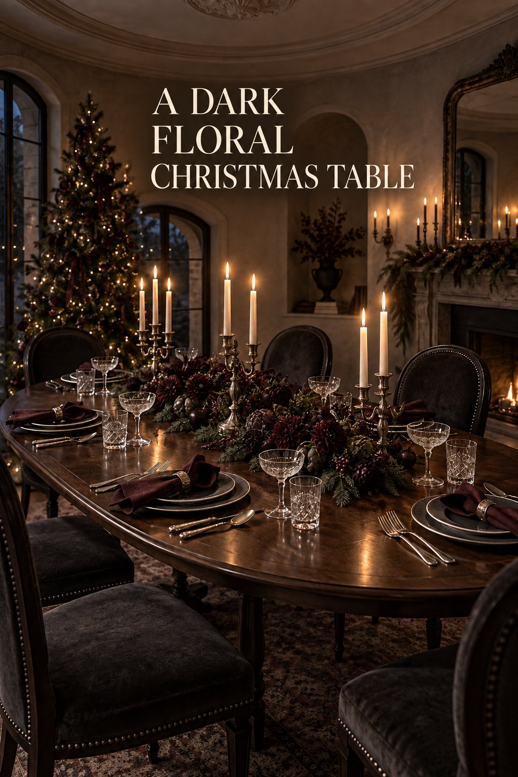 Dark floral Christmas table with silver candelabra, crystal glasses and merlot napkins.