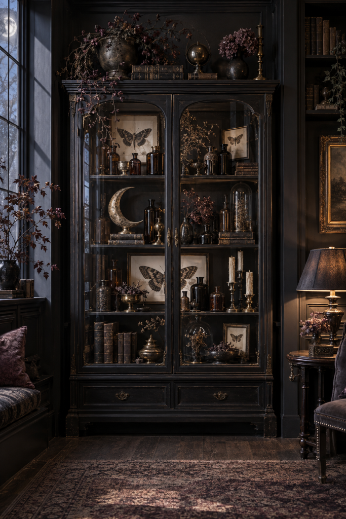 Black apothecary cabinet styled with moth prints, dark bottles and a crescent moon.
