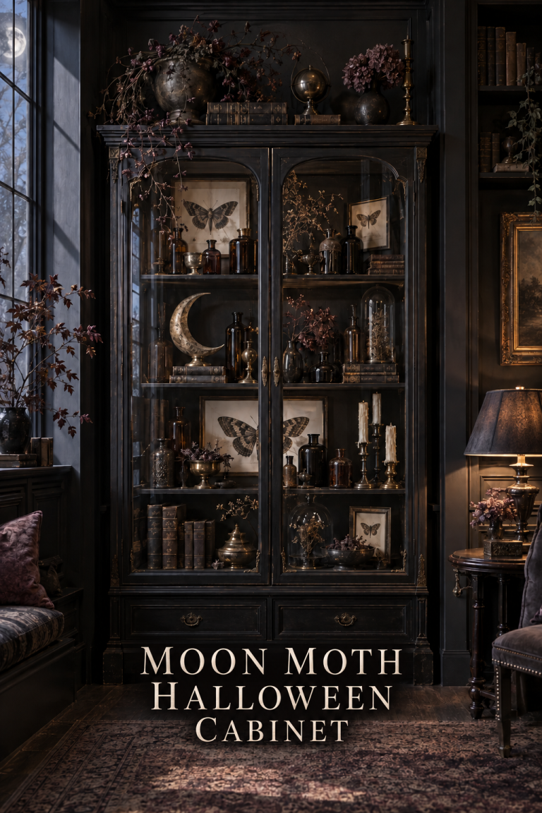 Black apothecary cabinet styled with moth prints, dark bottles and a crescent moon.