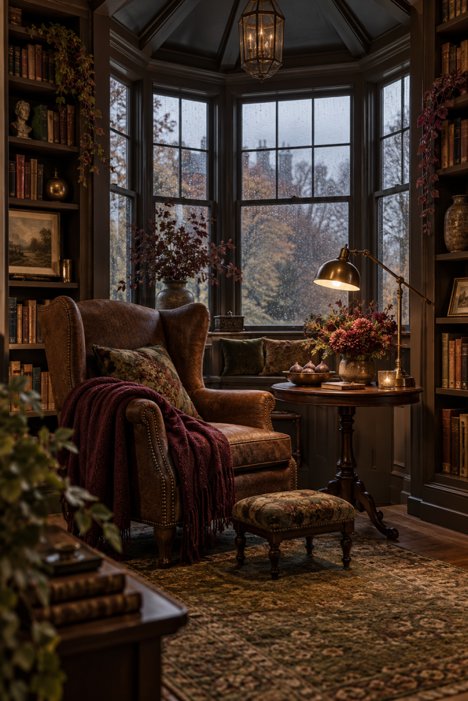 Tobacco wing chair and garnet throw in a rainy fall window reading corner.