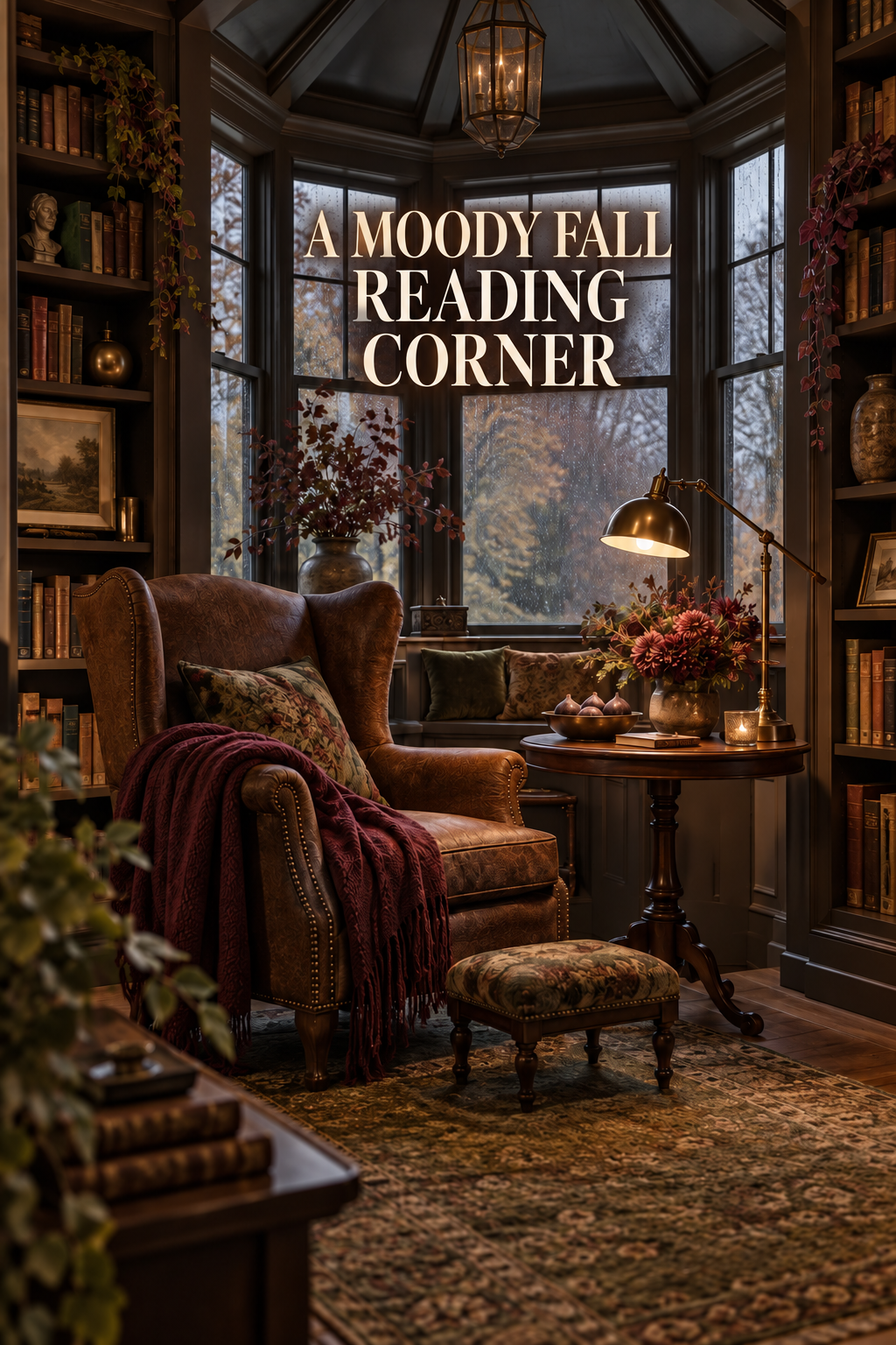Tobacco wing chair and garnet throw in a rainy fall window reading corner.