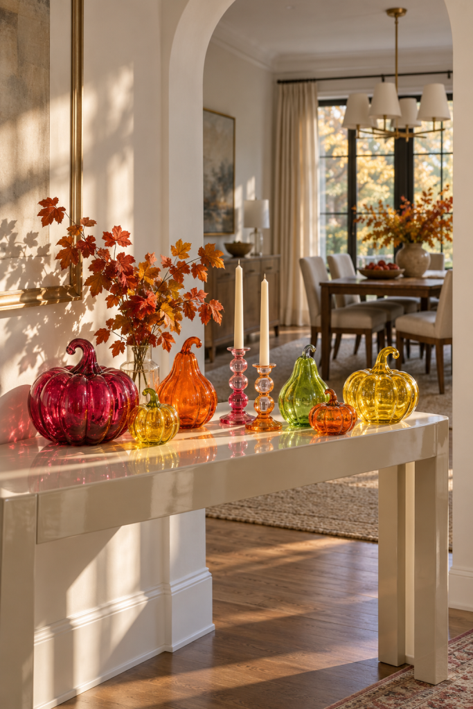 Jewel-tone glass pumpkins and candlesticks on a sunny Thanksgiving sideboard.