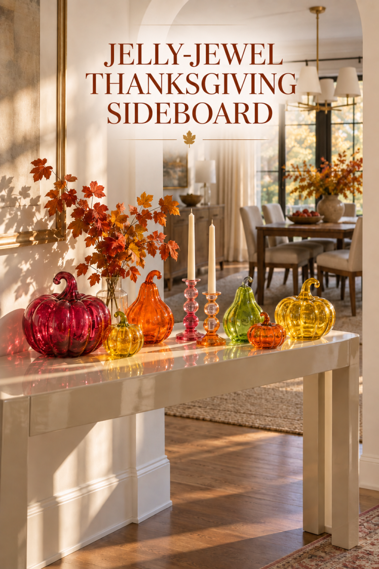 Jewel-tone glass pumpkins and candlesticks on a sunny Thanksgiving sideboard.