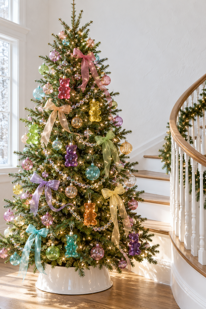 Christmas tree with translucent candy-color ornaments, pastel bows, and bubble garland.