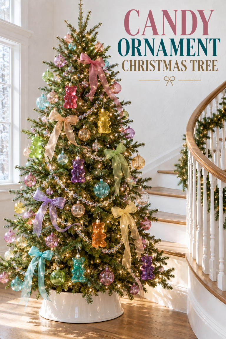 Christmas tree with translucent candy-color ornaments, pastel bows, and bubble garland.