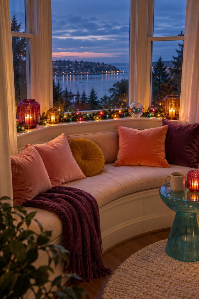 Curved holiday window seat with velvet pillows, colored lanterns, and glowing lights.