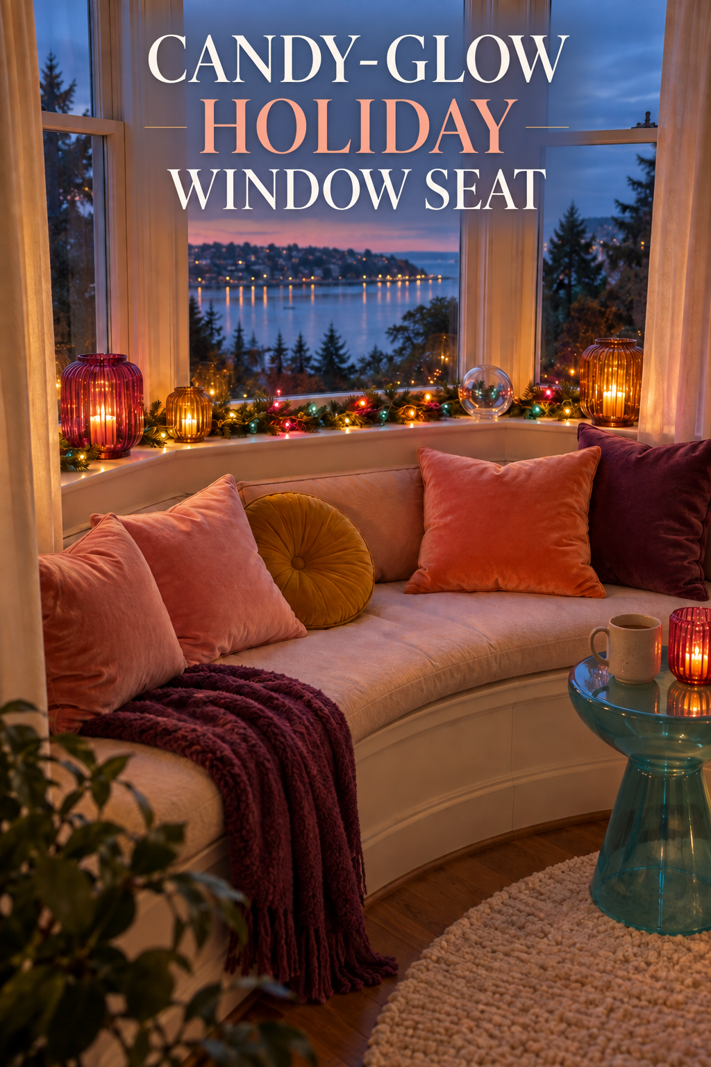 Curved holiday window seat with velvet pillows, colored lanterns, and glowing lights.