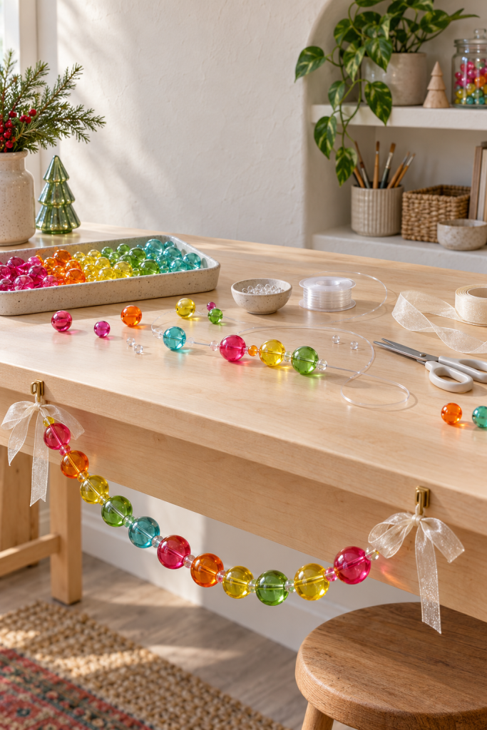 Colorful translucent bead garland being assembled on a bright wood craft table.