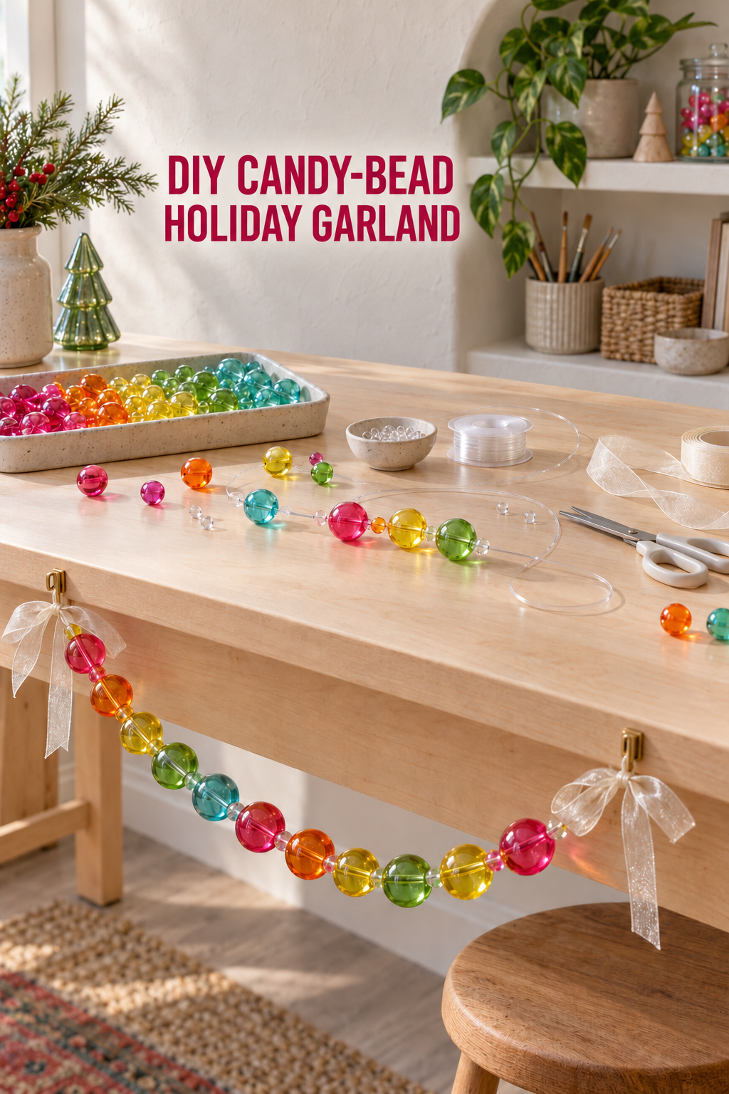 Colorful translucent bead garland being assembled on a bright wood craft table.