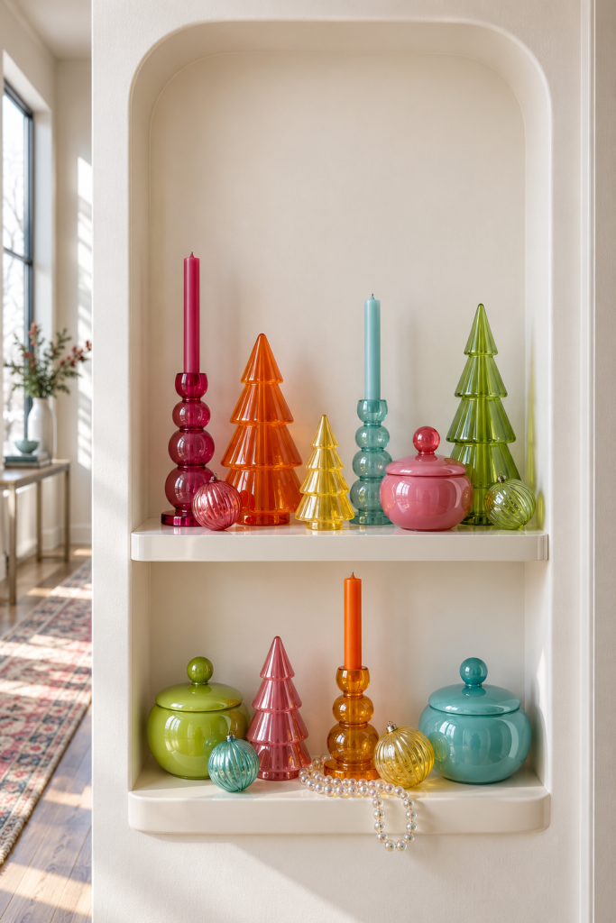 Colorful translucent trees, jars, candleholders, and ornaments in a white wall niche.