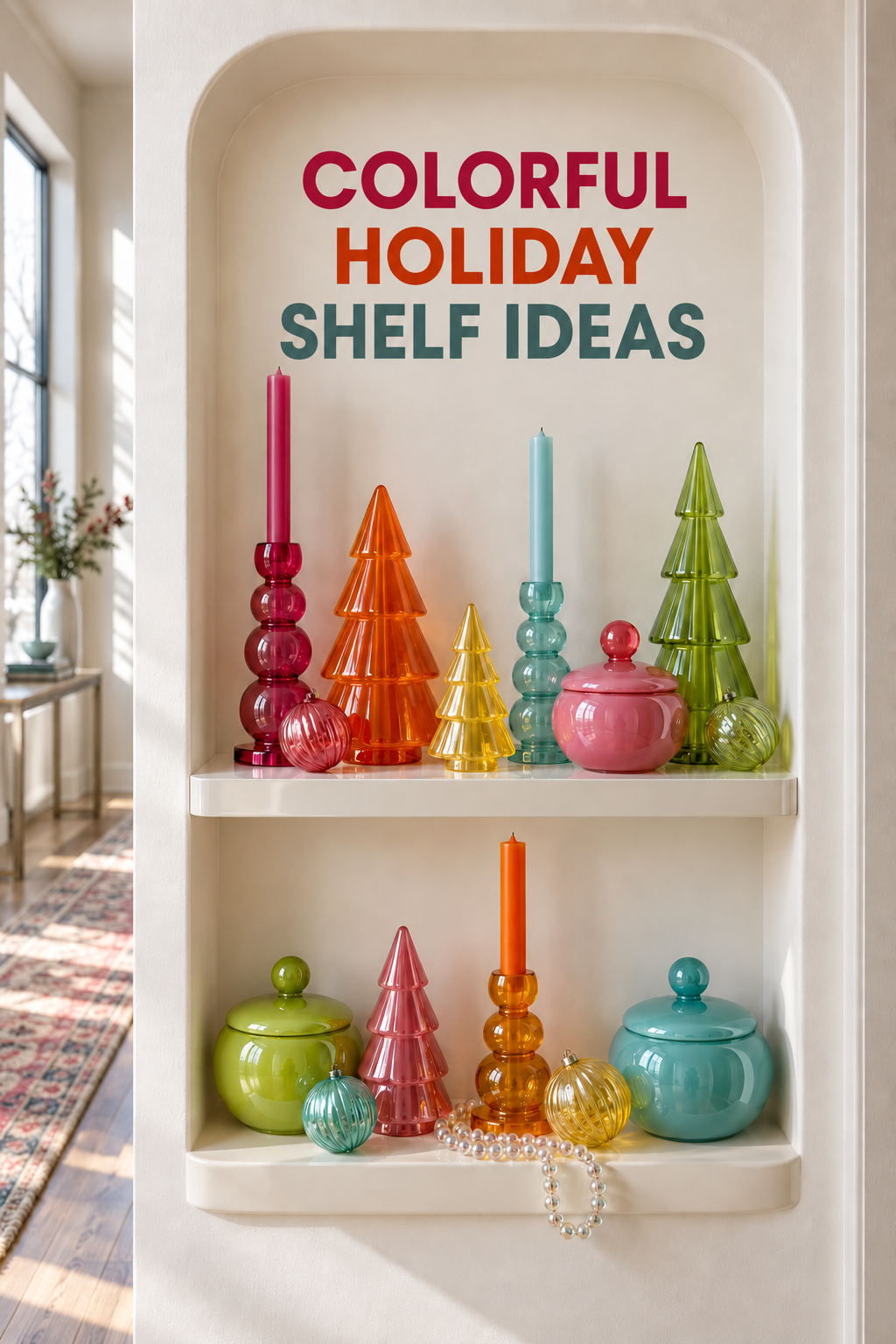 Colorful translucent trees, jars, candleholders, and ornaments in a white wall niche.