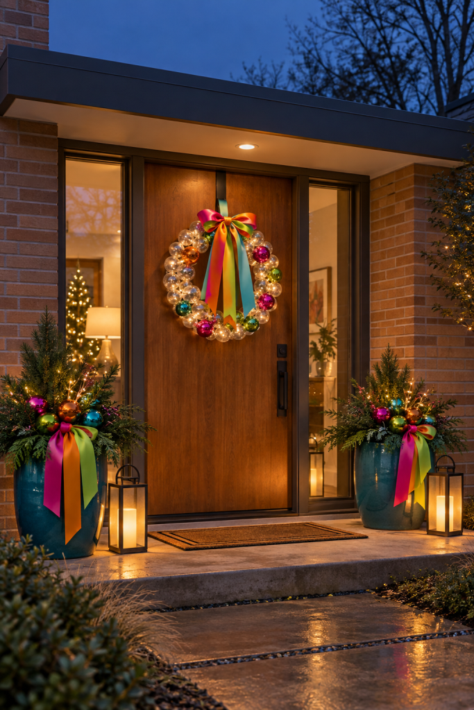 Wood Christmas doorway with glowing bauble wreath, colorful planters, and lanterns.