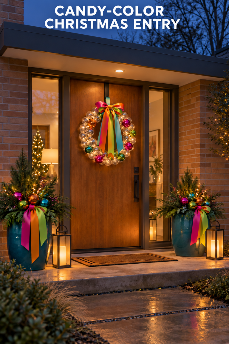 Wood Christmas doorway with glowing bauble wreath, colorful planters, and lanterns.