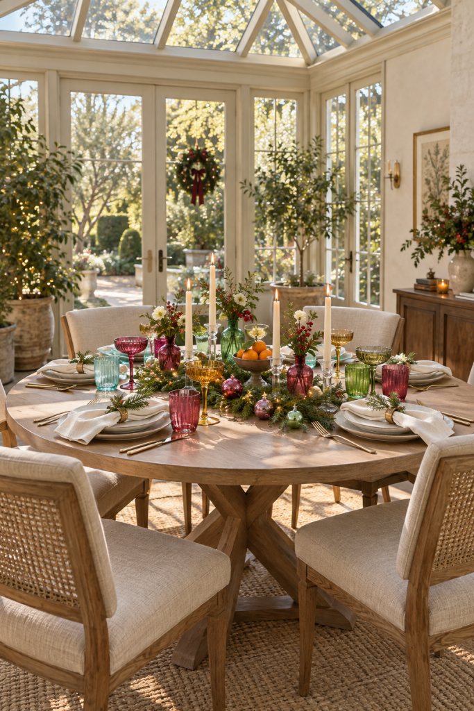Colorful Christmas brunch table with glassware, greenery, candles and citrus.