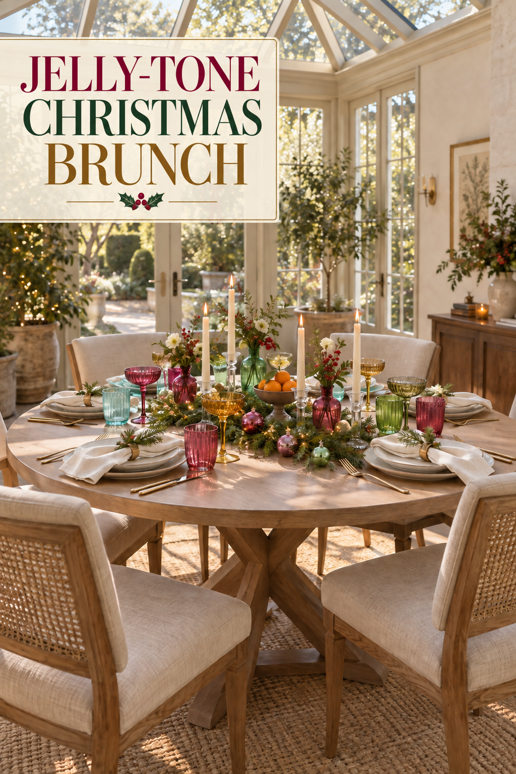 Colorful Christmas brunch table with glassware, greenery, candles and citrus.