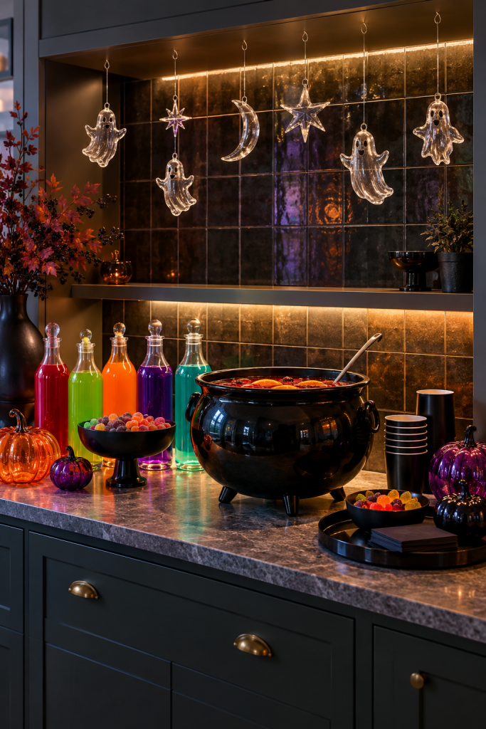 Black cauldron drink station with colorful bottles and hanging glass ghosts.