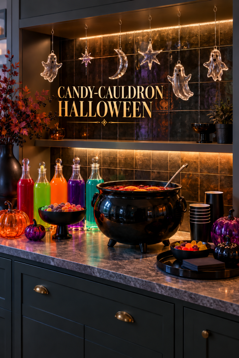 Black cauldron drink station with colorful bottles and hanging glass ghosts.